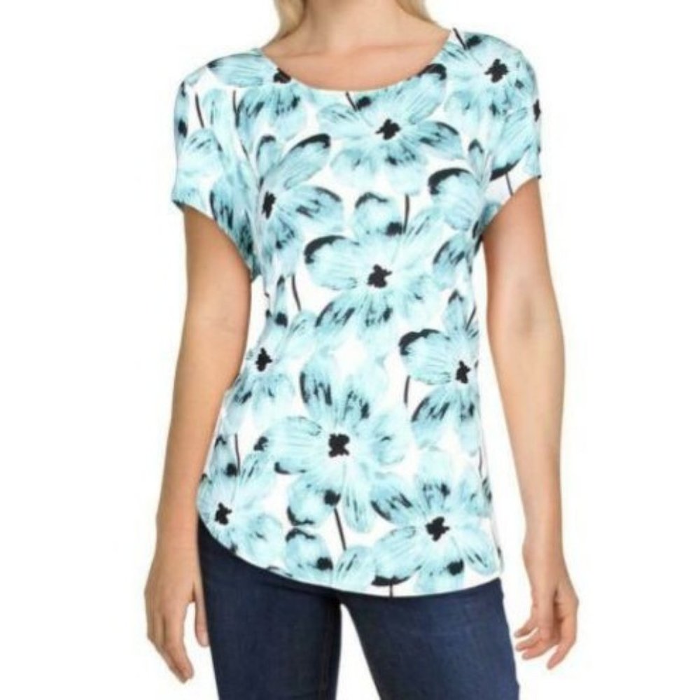 Alfani Women's Blouse White Blue Size Small S Floral Print Stretch